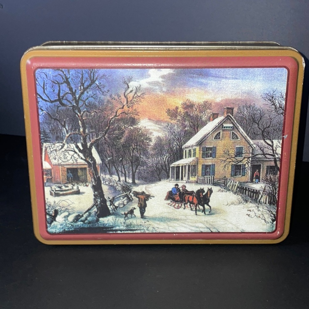 Candy Tin Winter Horse Scene Pot of Gold Chocolate  Collectible Cookie Storage